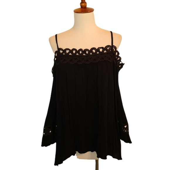 Aqua Black Cold Shoulder Blouse Lace Trim Boho Chic Top Preowned XS - Picture 2 of 8